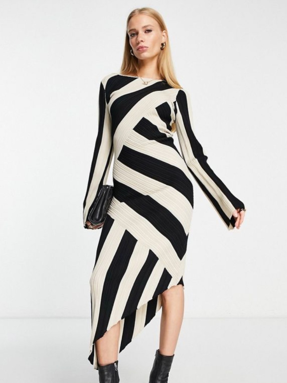 & other stories knitted asymmetric midi dress in beige and black stripe